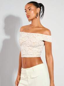 SHEIN BAE Summer Lace White Off Shoulder Top,Boho Women,Concert - White - View 5