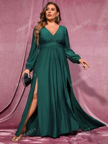 Faeriesty Plus Split Thigh Overlap Collar Bishop Sleeve Slit Thigh Dress