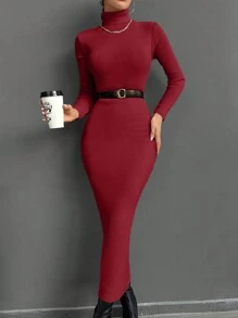 SHEIN Cottnline Turtleneck Ribbed Knit Sweater Dress Without Belt - Burgundy - View 4