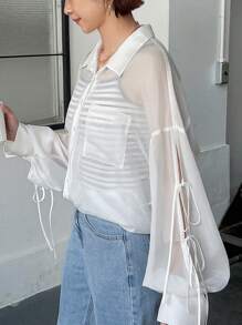 FRIFUL Áo sơ mi dài tay có chi tiết ren nhẹ mùa hè dành cho nữ - trắng - Xem 6