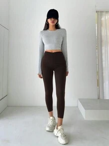 DAZY Ladies' Solid Color Simple Everyday Leggings,Back To School Clothes Tights - Coffee Brown - View 3