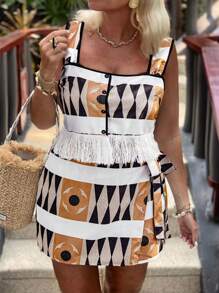 SHEIN Clasi Plus Size Women's Random Printed Geometric Pattern Wide Strap Top And Shorts Set - Multicolor - View 1