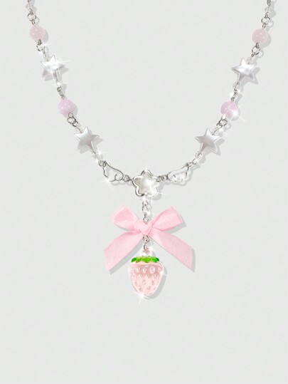 Kawaii 1pc Cute Pink Strawberry Bow Pendant Necklace, Perfect For Daily Wear Valentines