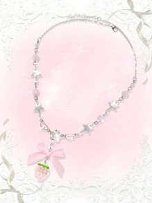 ROMWE Kawaii 1pc Cute Pink Strawberry Bow Pendant Necklace, Perfect For Daily Wear Valentines - Baby Pink - View 3