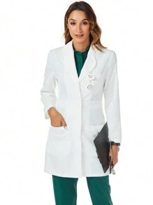 TaskEZ Women's White Scrub 3 Pockets Back Adjustable Waist Slimming Lab Coat/Modern Classic Fit