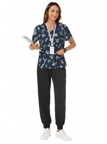 TaskEZ SHEIN Essnce Scrub V-Neck Short Sleeve Plant Print Pocket Nurse Uniform 2 Pieces/Set - Multicolor - View 6