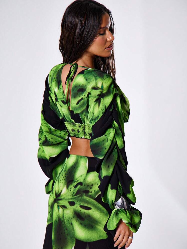 Floral Print Long Sleeve Crop TopVacation Spring Summer Festival Holiday