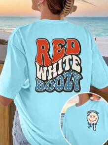 INAWLY 大码卡通字母图案夏季休闲短袖 T 恤 RED WHITE BOOZY - 淺藍色 - 查看 1