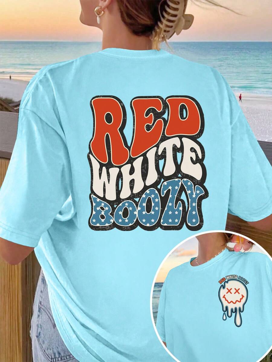 INAWLY 大码卡通字母图案夏季休闲短袖 T 恤 RED WHITE BOOZY - 淺藍色 - 查看 1