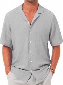 Men's Casual Short Sleeve Shirt, Button-Down Cuban Collar Vacation Shirt, Fashion Textured Summer Beach Shirt - Light Grey - View 2