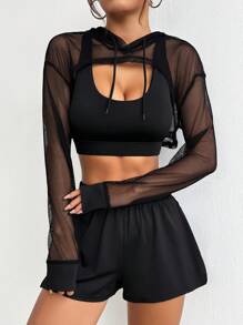 SHEIN Sports 實心修身款短削文胸，網眼束口帽外套，短褲瑜伽休閒運動套裝，女式網球服裝 - 彩色 - 查看 4