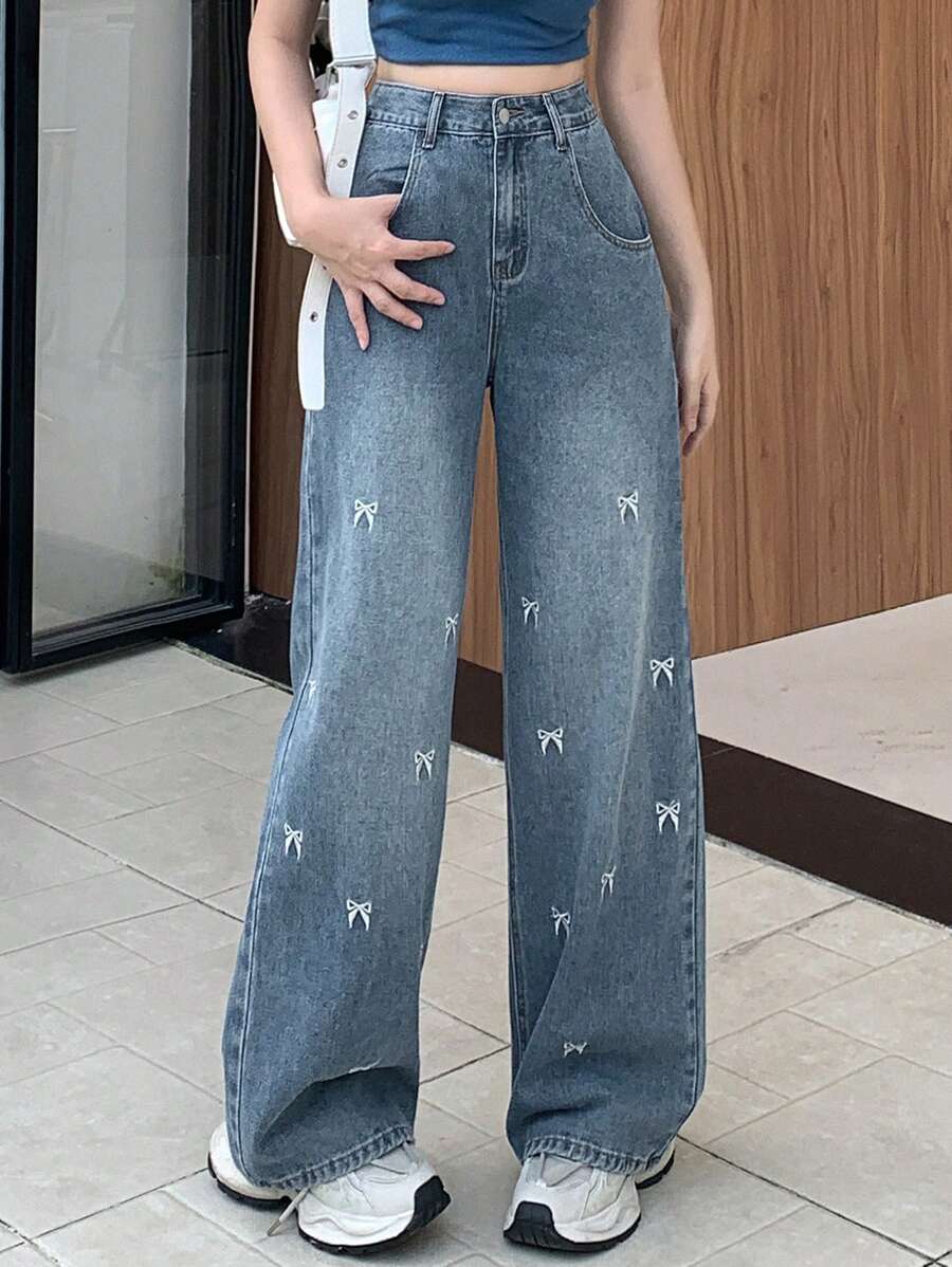 DAZY Women's Casual Bowknot Embroidered Straight Leg Jeans - Blue - View 1