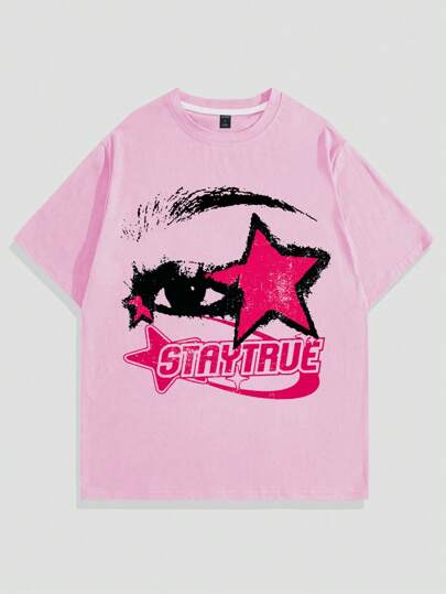 Street Life Men's Summer Short Sleeve Casual T-Shirt With Letter & Pentagram Print, School