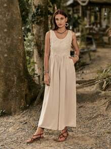 LanaWest Bộ áo liền quần không tay thêu hòa tan trong nước chắp vá, phong cách đi nghỉ - Màu Khaki - Xem 6