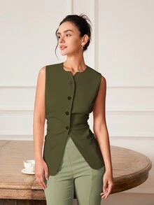 Top sin mangas ajustado y elegante con estilo de "Old Money" para mujer, top corto de negocios casuales para primavera/verano - Verde Oscuro - Ver 4