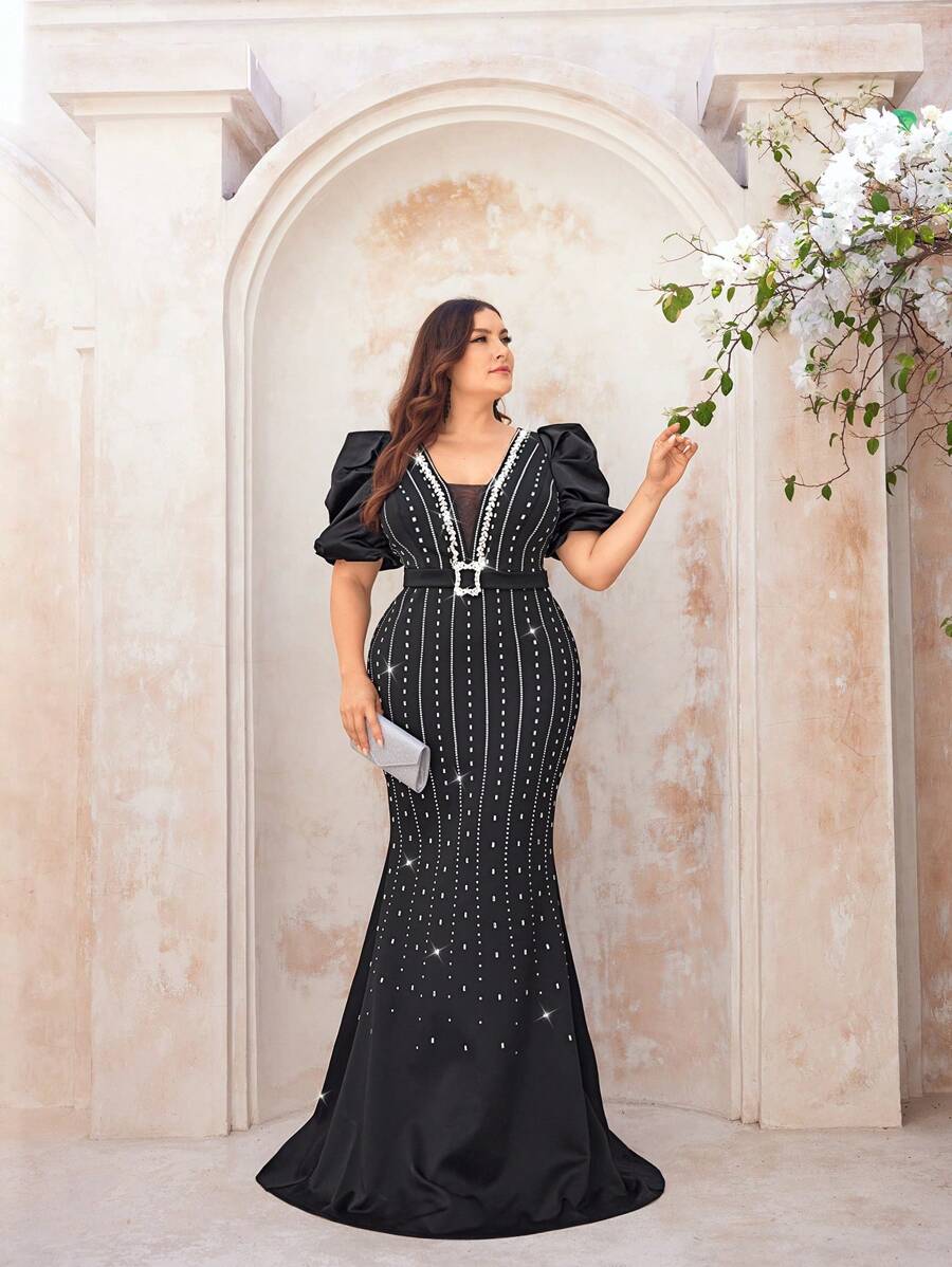 SHEIN Belle Plus Size Black Luxury Heavy Crystal Embellished Gorgeous Positioning Hot Rhinestone Pattern Court Style Stereo Pleated Puffy Sleeves Deep V Neck Elegant Mermaid Evening Gowns