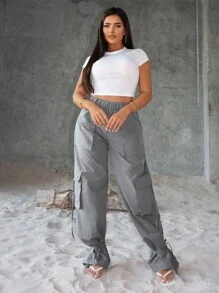SHEIN SXY 女性實色多口袋長褲夏季款 - 灰色 - 查看 3