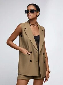 Women Fashionable Solid Color Sleeveless Blazer And Shorts Suit - Khaki - View 6