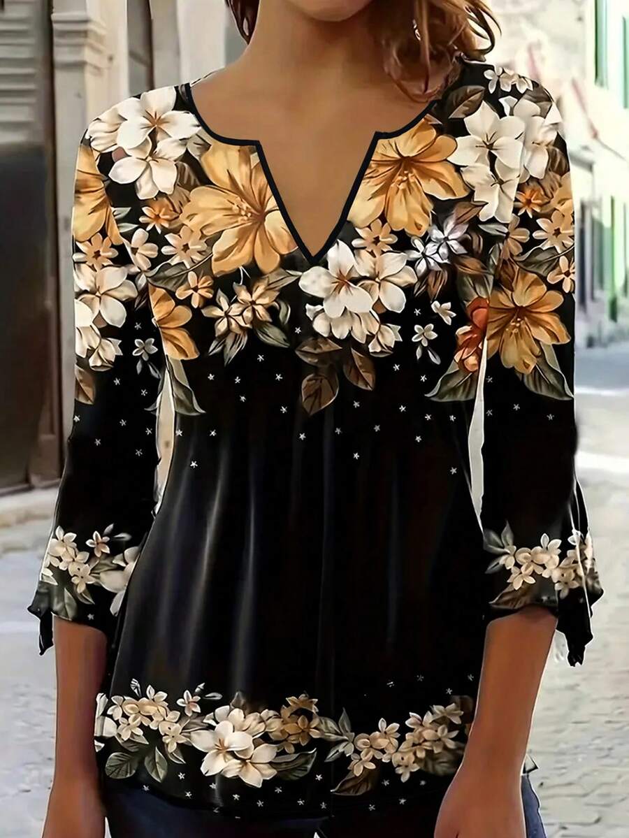 女款V領花卉A字型3/4袖上衣T恤 - 彩色 - 查看 1