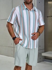 Manfinity Homme Men's Plus Size Summer Casual Striped Short Sleeve Shirt And Solid Color Shorts Set - Mint Green - View 4