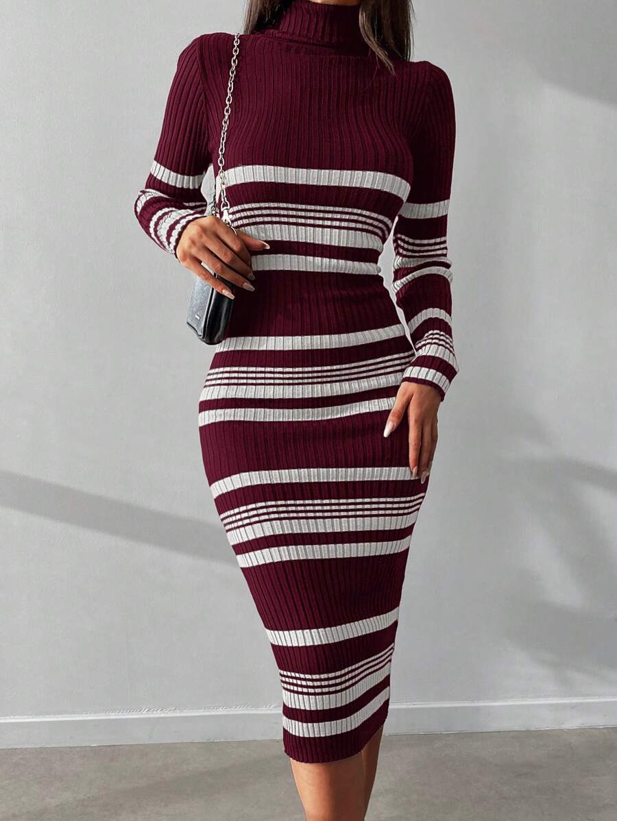 EURMUSE Striped Pattern Turtleneck Bodycon Sweater Dress - Red and White - View 1