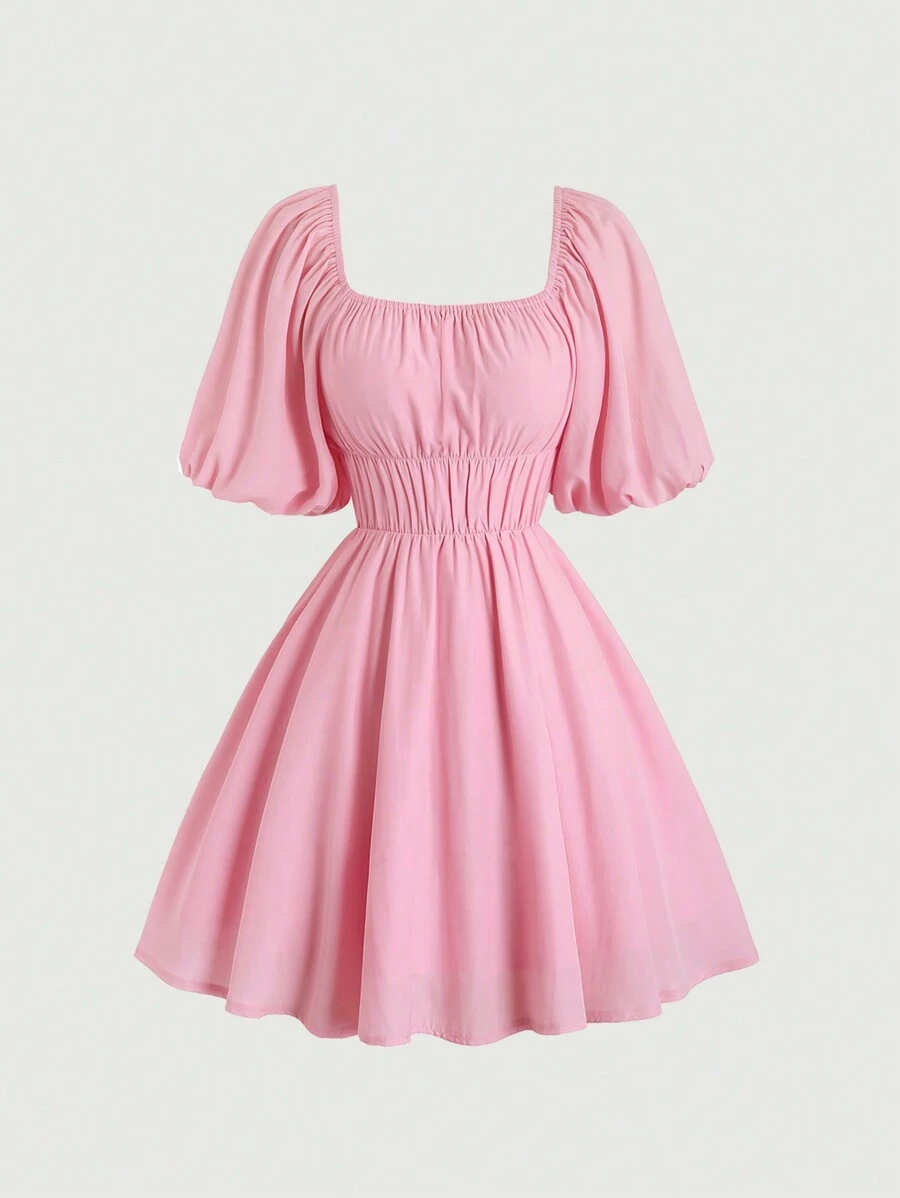 SHEIN Unity 純色荷葉邊復古洋裝，夏季休閒裝 - 淺粉色 - 查看 1