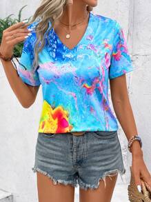 LONESS Women Tie-Dye Print V Neck Short Sleeve Casual T-Shirt For Summer