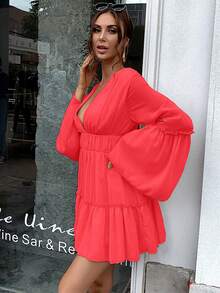 Missord Women Deep V-Neck Solid Color Simple Long Sleeve Dress - Hot Pink - View 5