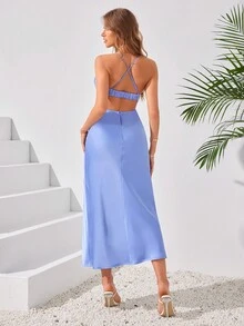 女士纯色简约休闲细肩带露背连衣裙优雅鸡尾酒会半正式舞会婚礼宾客礼服，适合生日、毕业典礼、晚宴、返校节派对礼服 - 淺藍色 - 查看 2