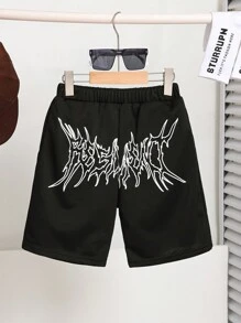 SHEIN Tween Boy Phong cách đường phố giản dị in quần short dệt kim rộng - màu đen - Xem 4