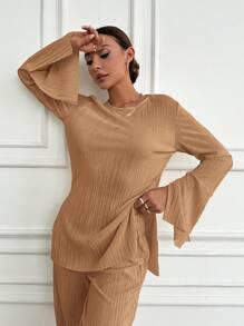 EURMUSE Ladies' Solid Color Simple Daily Long Sleeve Top And Long Pants Two-Piece Set - Bronze - View 3