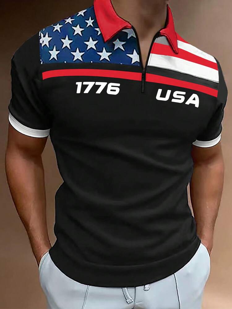 Men's Plus Size Printed Short Sleeve Polo Shirt, Summer