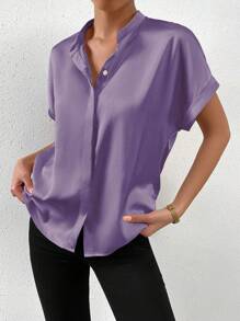 Chiquease Summer Casual Solid Color Stand Collar Batwing Sleeve Shirt - Mauve Purple - View 5