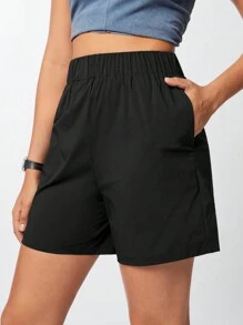 SHEIN Sports Solid Color Elastic Waistband Sports Shorts With Pockets, Summer - Black - View 1
