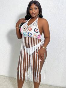 Plus Size Crochet Beach Cover Up With Fringe Hem, Open Back And Neck Tie For Summer - Multicolor - View 5