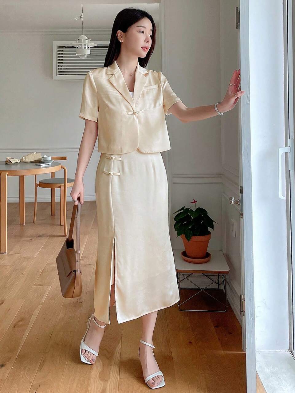Women's Solid Color Buckle Design Suit Jacket And Slit Skirt Set Business Attire Western Outfits For Women