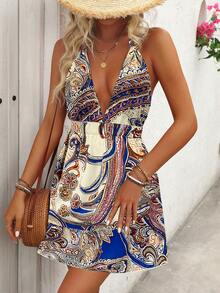 Breezaya All Over Printed Sleeveless Short Summer Dress - Blue - View 5