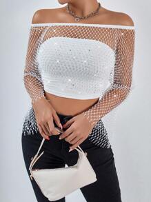Zolique 女士时尚性感水钻渔网露肩文胸无袖短款上衣和系带露肩上衣性感时尚上衣套装，适合夏季和秋季穿着。 - 白色 - 查看 4