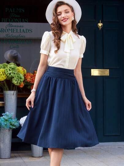 Vintamour 复古优雅女士A字裙，春夏宽松条纹纹理度假裙，适合教师返校、音乐会、秋季婚礼宾客等场合，亦可作为文艺复兴风格裙装穿着。