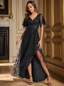 深 V 领亮片撞色开叉大腿伴娘礼服黑色优雅正式晚会舞会婚礼宾客礼服，适合毕业典礼、晚宴 - 黑色 - 查看 2
