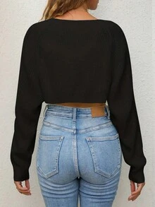 Spring And Autumn Casual Black Batwing Sleeve Short Cardigan - Black - View 2