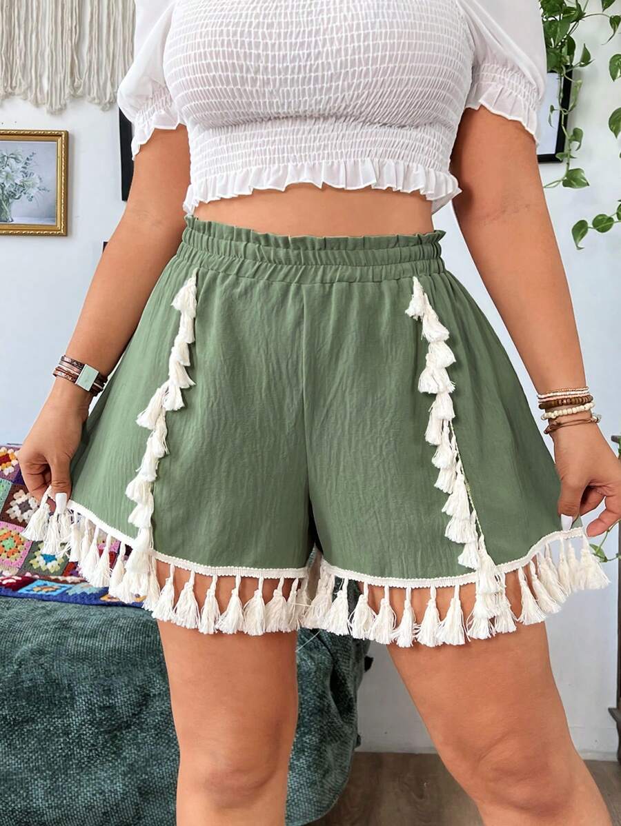 Flirla Plus Size Proste wakacyjne dopasowane szorty z frędzlami, lato