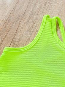 SHEIN Young Girl Cute & Open Shoulder Ribbed Tank Top + Heart Printed Denim Shorts Outfit Set, Summer, School, Campus, College - Green - View 5