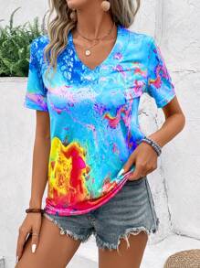 LONESS Women Tie-Dye Print V Neck Short Sleeve Casual T-Shirt For Summer