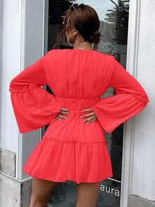 Missord Women Deep V-Neck Solid Color Simple Long Sleeve Dress - Hot Pink - View 2
