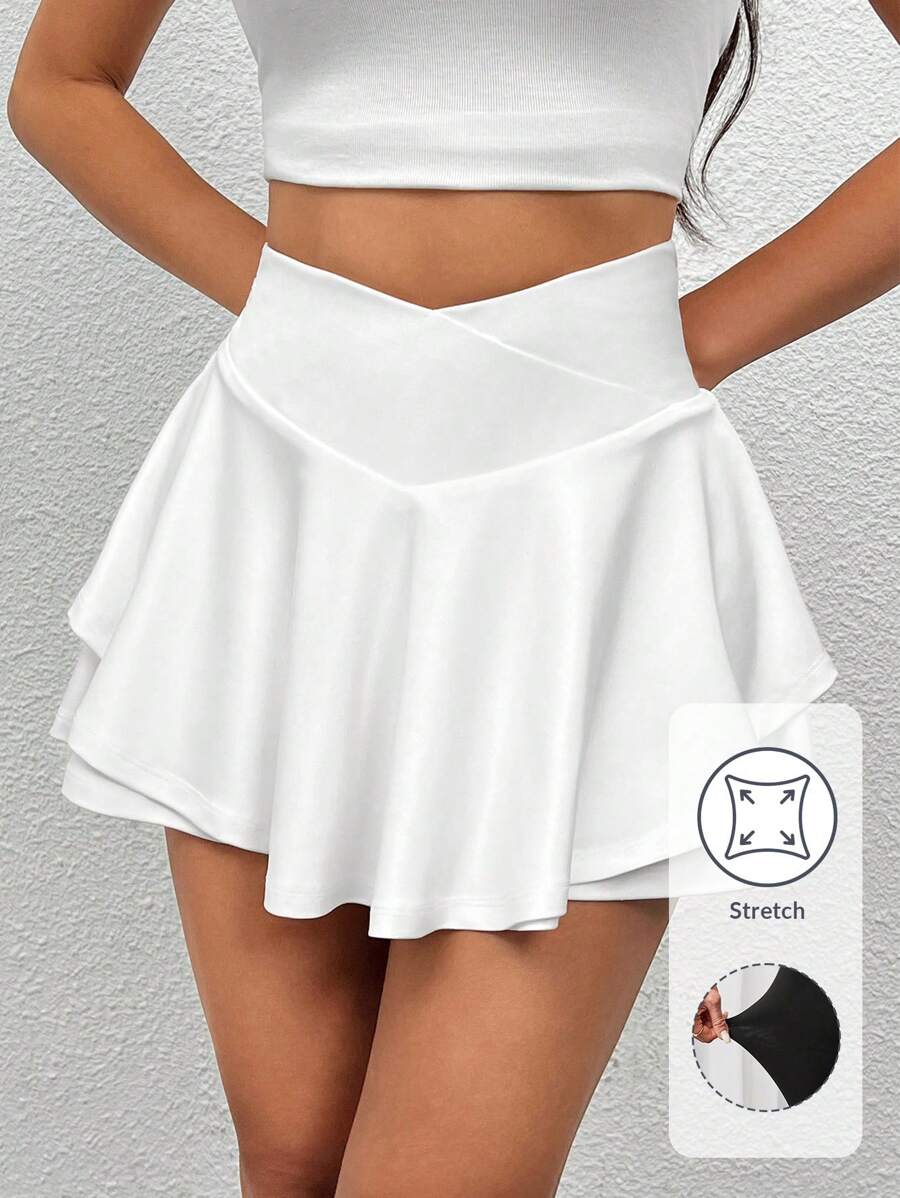 SHEIN PETITE 運動基本v字腰泳裙打底褲 - 白色 - 查看 1