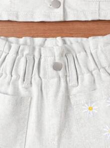 Baby Girl Frayed & Embroidered Denim Shorts Set - Black and White - View 3