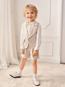 SHEIN 3pcs Gentleman Set: Long Sleeve White Shirt, Herringbone Lapel Vest And Shorts, Stylish For Birthday Party, Wedding, Performance