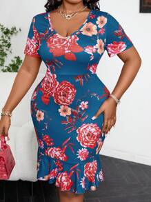 SHEIN Clasi Plus Size Summer Elegant Flower Printed Bodycon Dress With Ruffle Hem - Multicolor - View 1