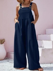 Plus Size Fall&Winter Casual Solid Color Wide Leg Bib Overall Jumpsuit